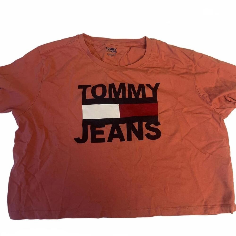 Tommy Jeans Vibrant Coral Cropped Graphic Print Tee Short Sleeve Crew Neck Large